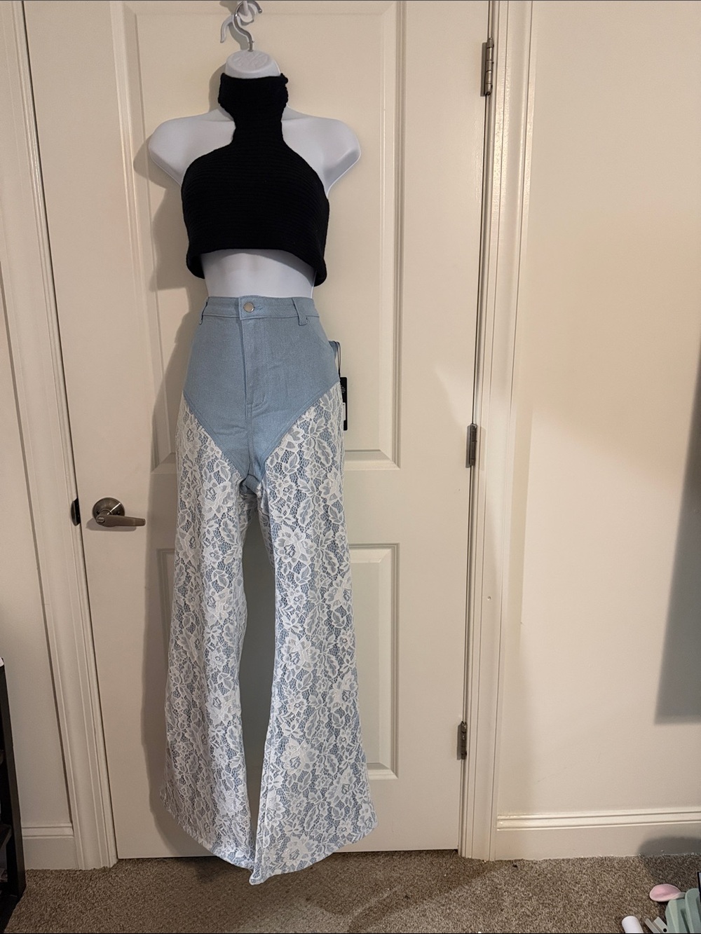 High-Waist Light Blue Lace Panel Maxi Skirt